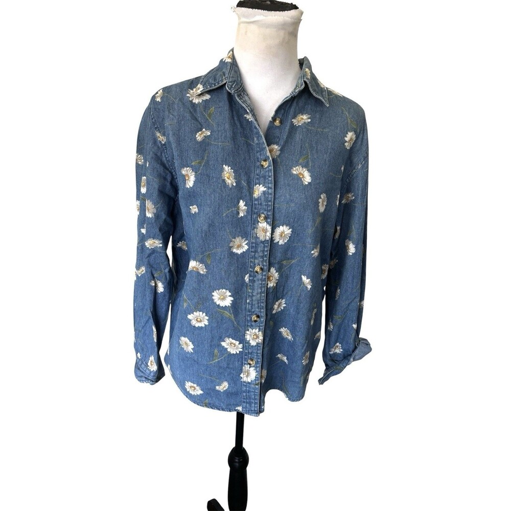 Vtg Y2K 90s Denim Daisy Floral Chambray Cotton Button Front L/S Top Cottagecore
